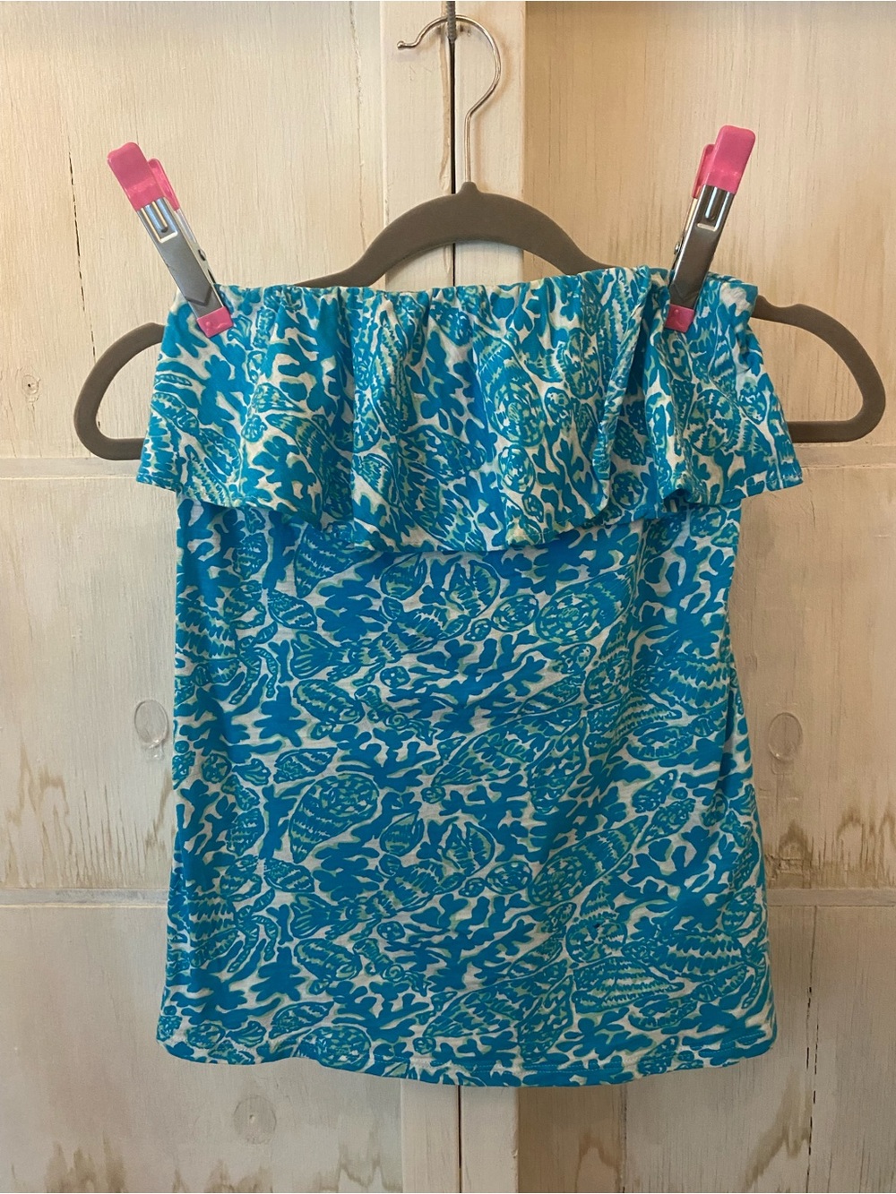 Lilly Pulitzer Teal and White Printed Off-Shoulder Camisole